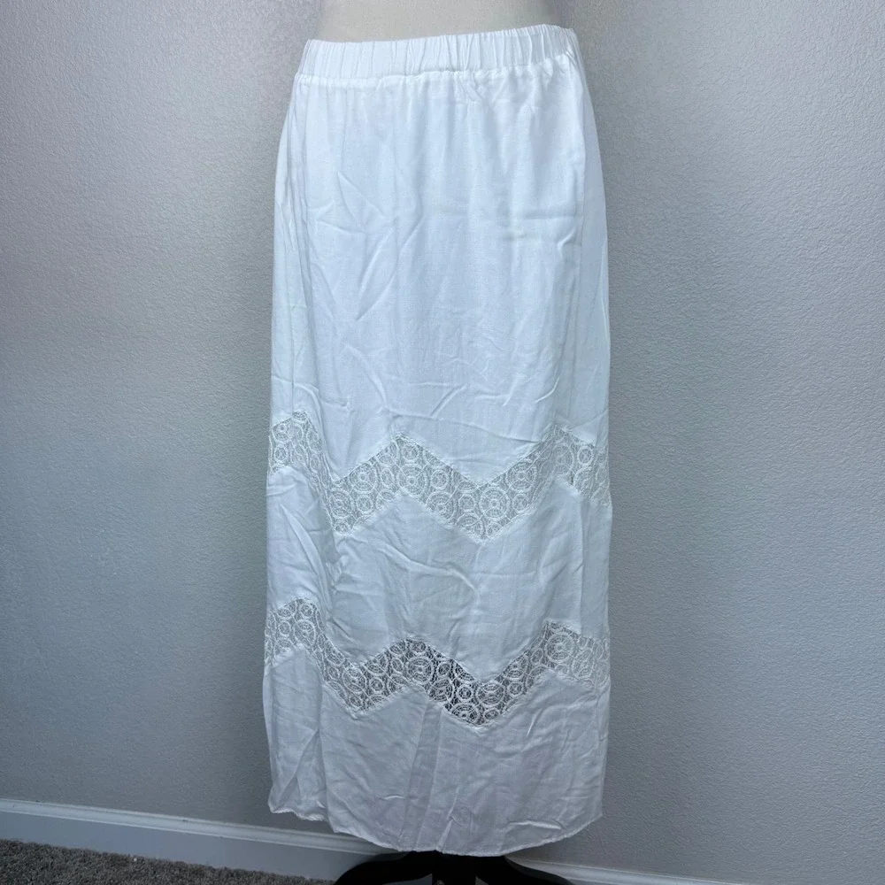 Tribal White‎ Maxi Skirt Women's Elastic Waist Crochet Lace Blocking Trim Boho